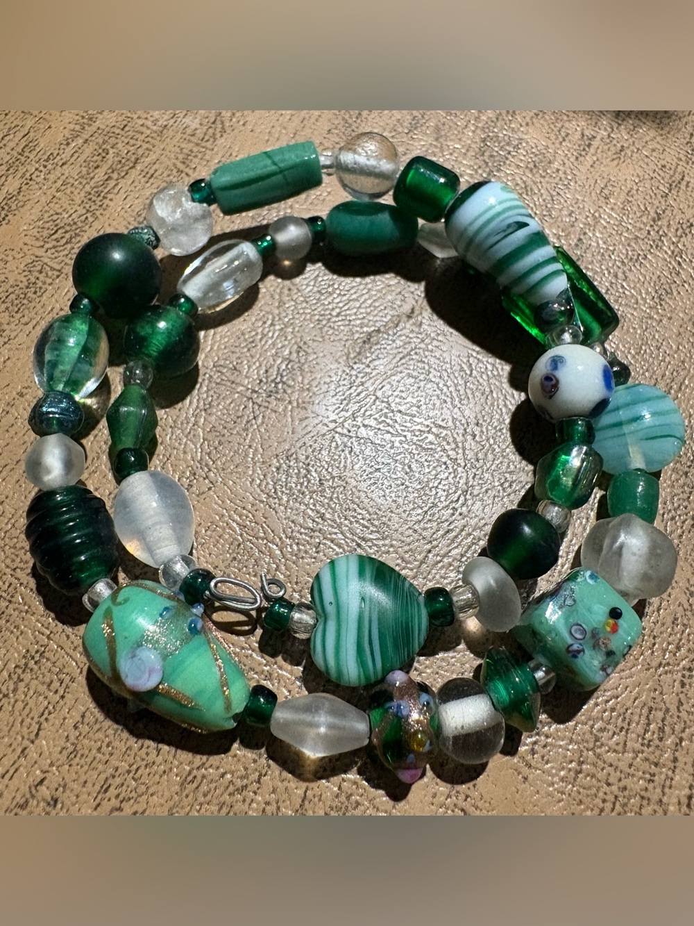Handmade Green Art Glass Wrap Bracelet | Boho Lampwork Beaded Bracelet
